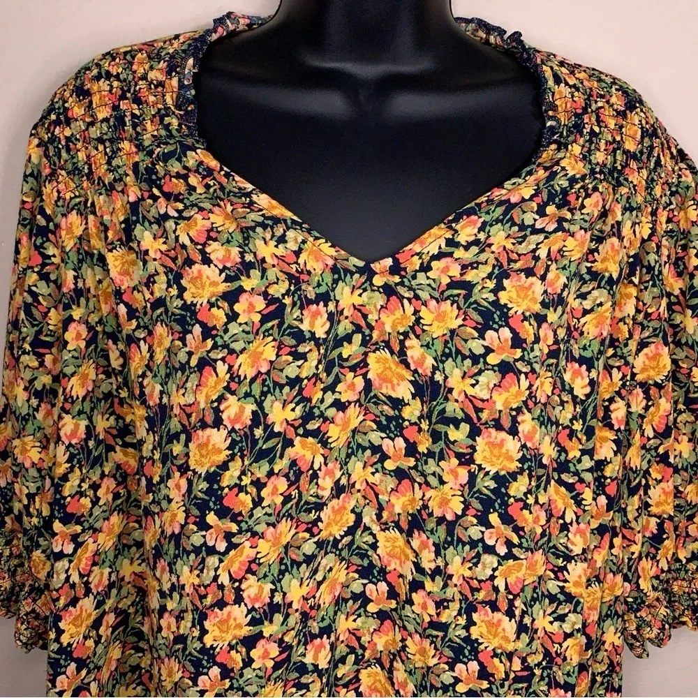 1X Terra And Sky Colorful Floral Peasant Top Orange Yellow Black Sweetheart Neck
